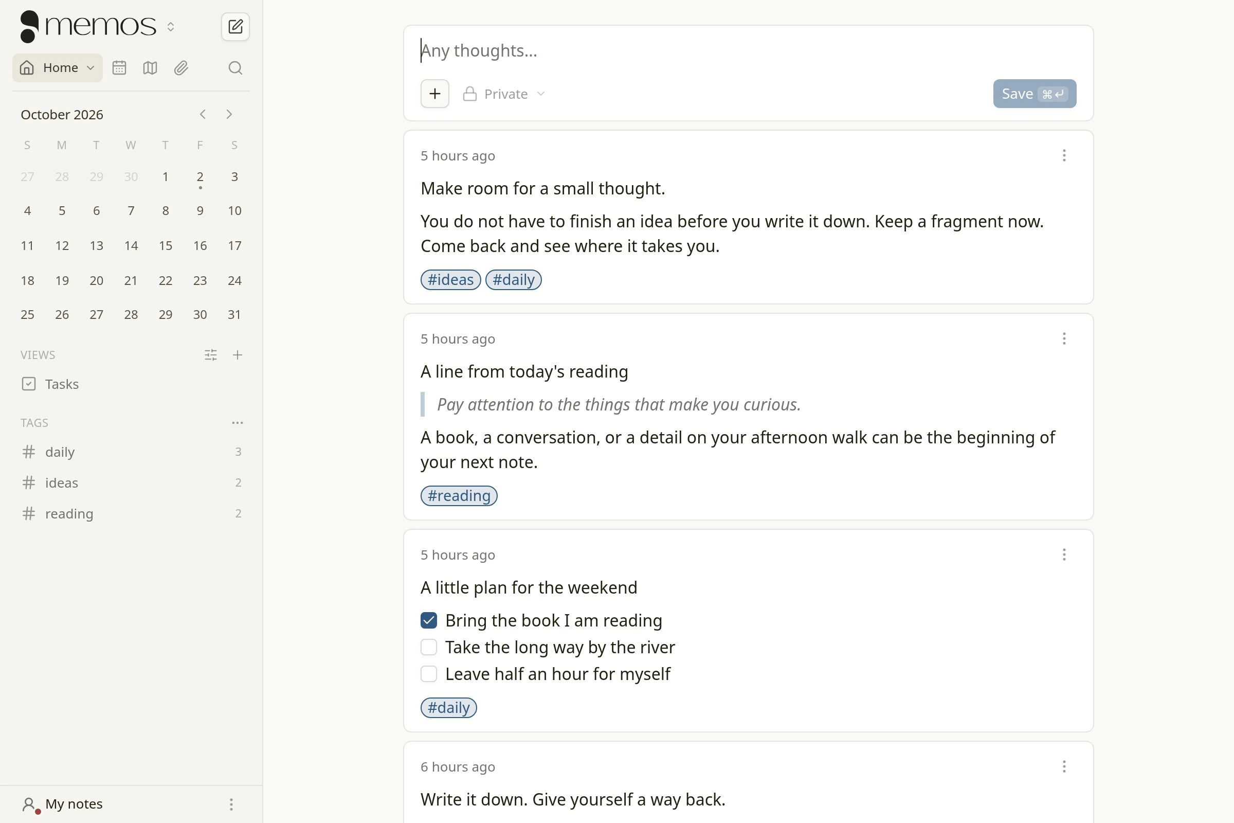 Current Memos product showing a timeline of sample notes with tags